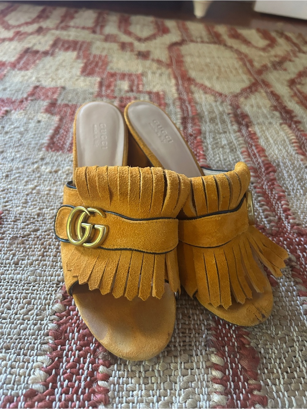 Designer inspired Women's authentic Mustard Suede Fringe heels